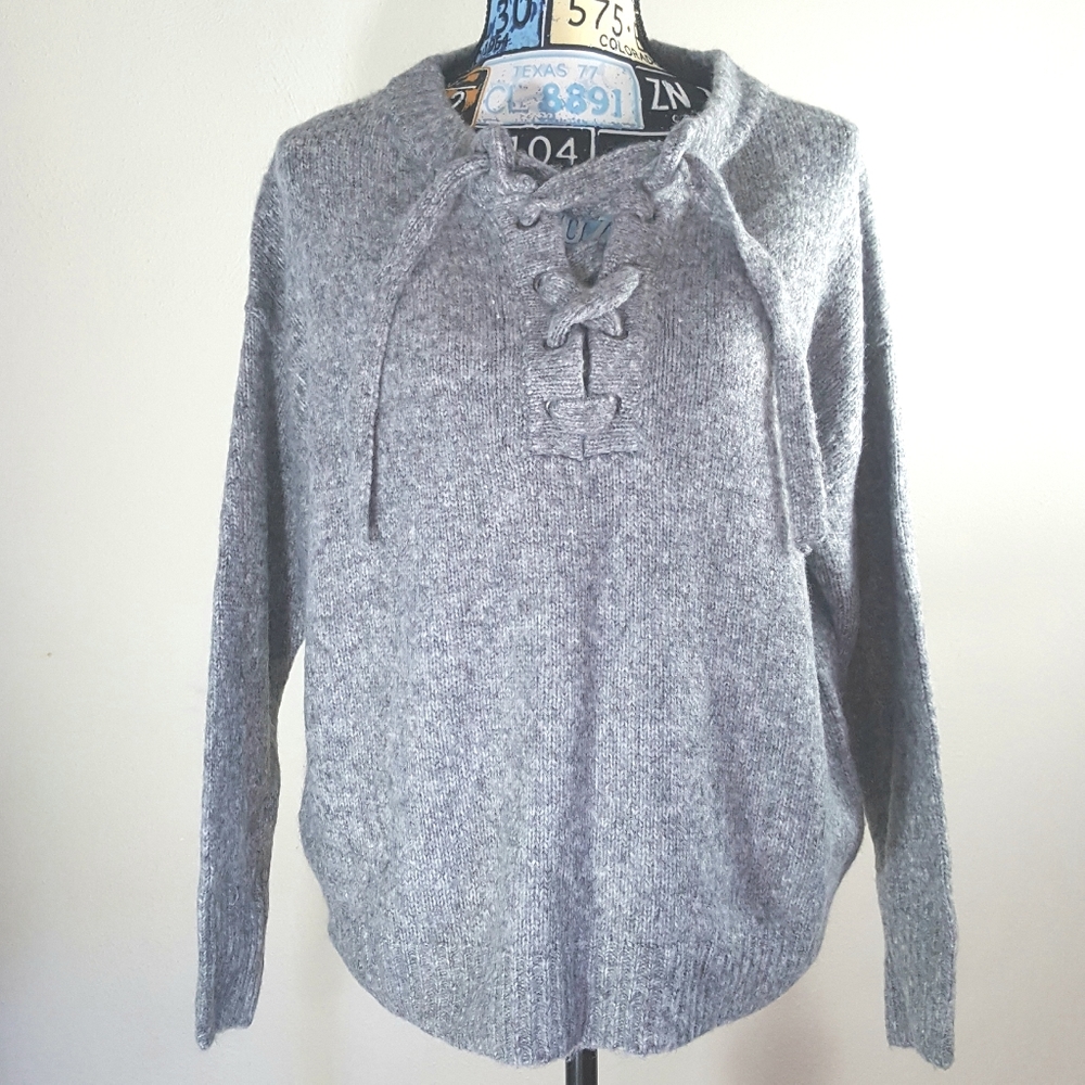 Warm thick grey sweater with lace up front